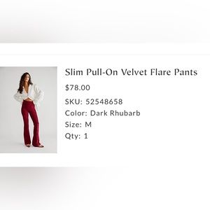 Free People Slim Velvet Pull On Flares size Medium